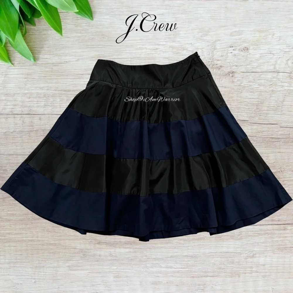 J.Crew Collection silk-cotton black & midnight navy striped rugby a-line skirt